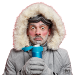 Cold man in fur jacket with blue bottle