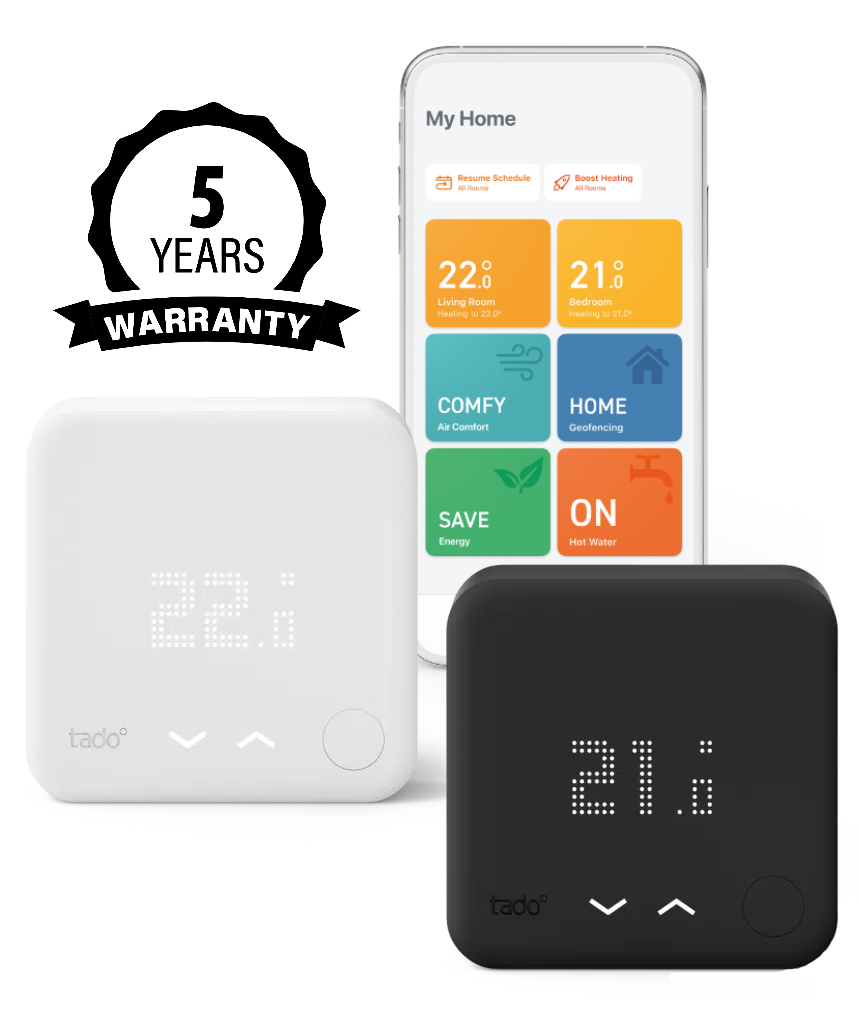 Tado Smart Thermostats in black and white, and smartphone app